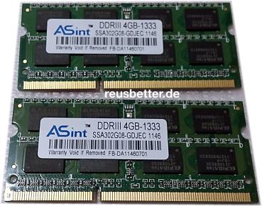 ASint Notebook Arbeitsspeicher 8 GB (2x4) Kit - 1333 | DDRIII | SSA302G08-GDJEC