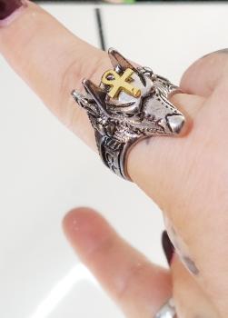 Edelstahl Silber Ring Anubis Kopf mit Ankh | Gold-Silber | Stargate Motiv