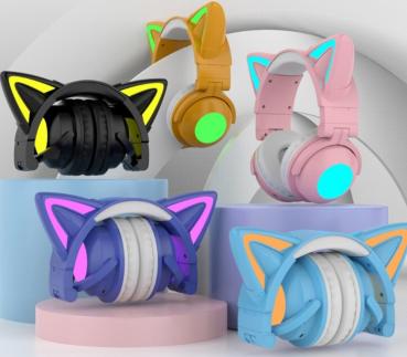 Katzen Ohren Bluetooth-Kopfhörer | LED Wireless Gaming Headset | Kopfhörer für Smartphones/Laptop/Tablet