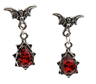 Gothic Fledermaus Ohrringe ☀ Silber mit Tropfenanhängern in Rot