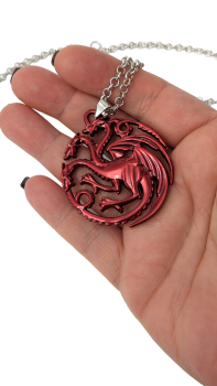 Game of Thrones Halskette mit großem Targaryen Drachen Anhänger Metallic Rot