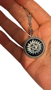 Supernatural Anti Dämonen Pentagramm Tattoo Kette Silber Glas Cabochon