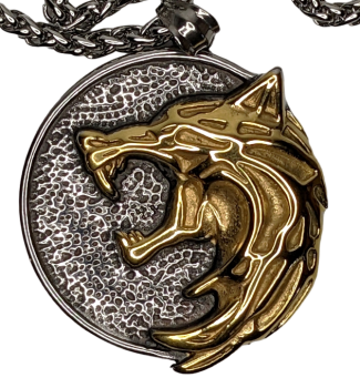 The Witcher Gerald ☢ Wild Hunt ☢ Motiv Wolf Gold - Silber 3D Medallion ☢ Kette Edelstahl
