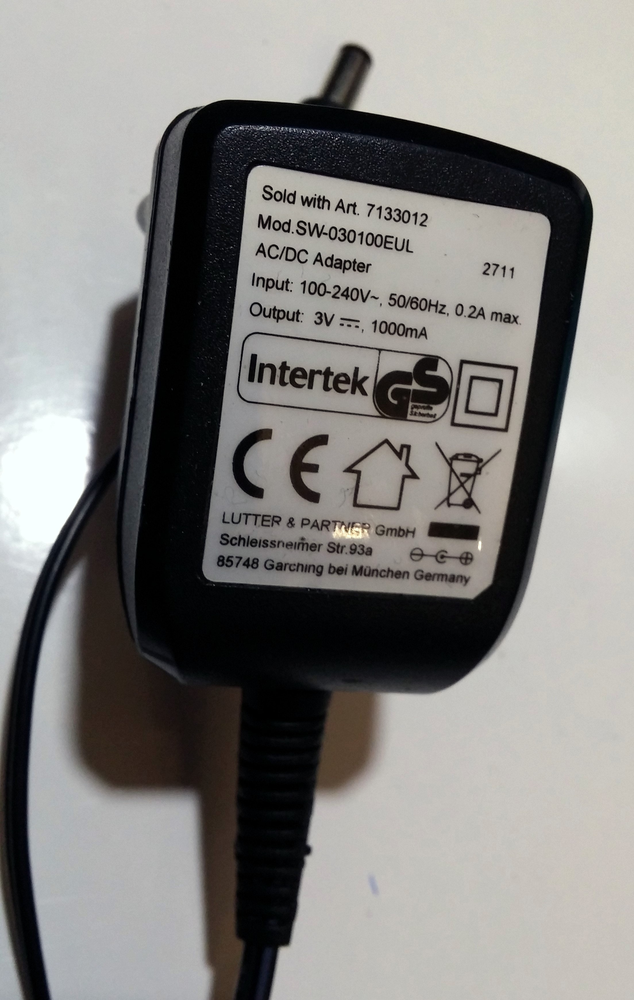 Intertek AC-DC Adapter Ladekabel