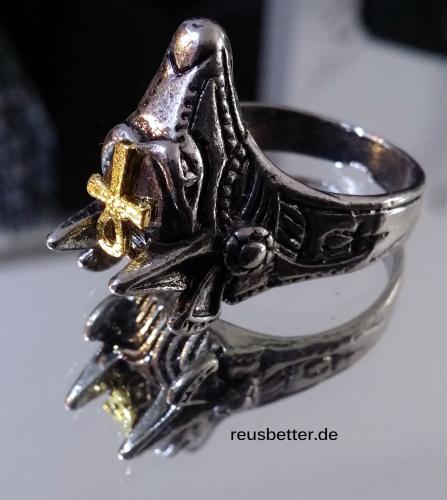 Edelstahl Silber Ring Anubis Kopf mit Ankh | Gold-Silber | Stargate Motiv