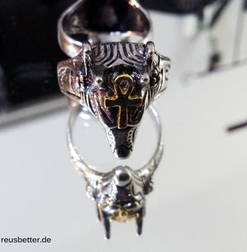 Edelstahl Silber Ring Anubis Kopf mit Ankh | Gold-Silber | Stargate Motiv