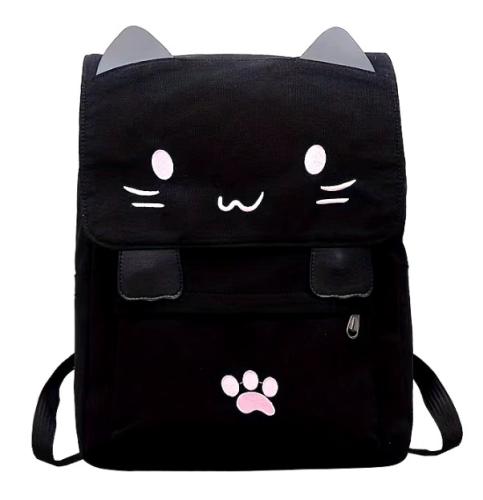 Canvas Rucksack für Damen 3D Cartoon Anime Katze Schwarz