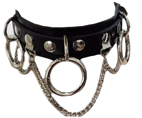 Kunstleder Halsband | Gothic - Harajuku mit O-Ringen und Ketten | Schwarz