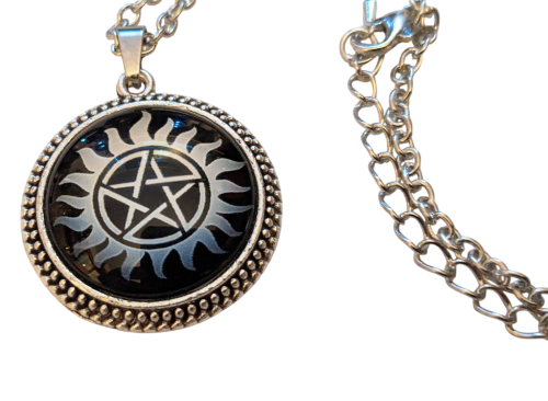 Supernatural Anti Dämonen Pentagramm Tattoo Kette Silber Glas Cabochon