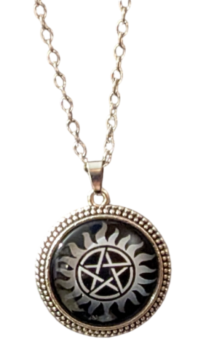 Supernatural Anti Dämonen Pentagramm Tattoo Kette Silber Glas Cabochon