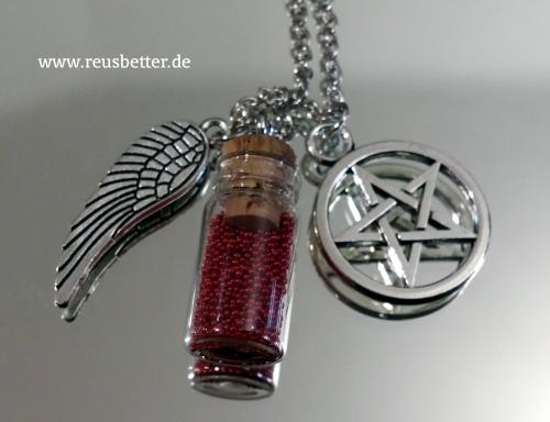 Supernatural ☢ Pentagramm Castiel Flügel ☢ Mini Flasche ☢ Wächter ☢ Winchester Kette