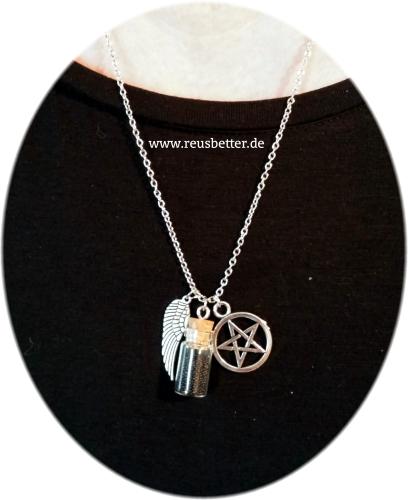 Supernatural Pentagramm Castiel Flügel Mini Flasche Wächter Schwarz Winchester Kette