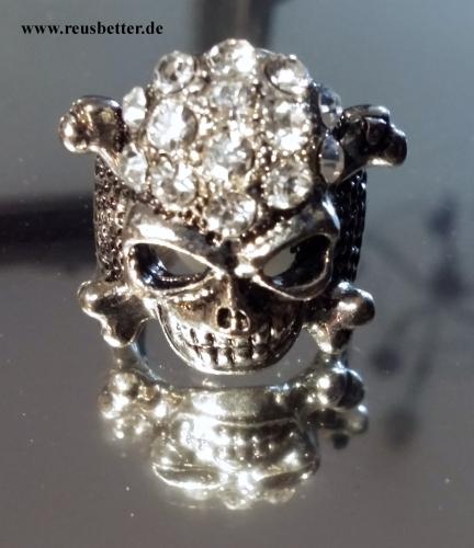 Totenkopf - Skull - Biker Ring mit Steinen - Silberfarben